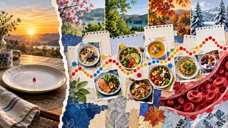 공복 아침 한 순간과 여러 주의 혈당 흐름을 사물과 계절 변화로 표현한 콜라주