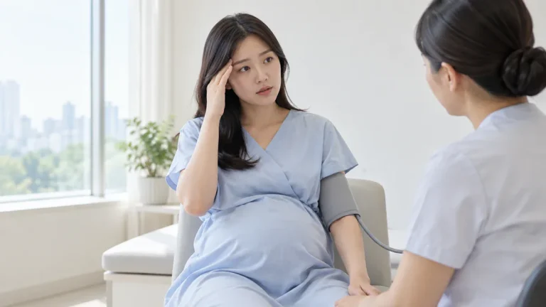 밝은 산전 진료실에서 혈압계를 찬 채 관자놀이를 짚고 증상을 살피는 20대 한국인 임신부