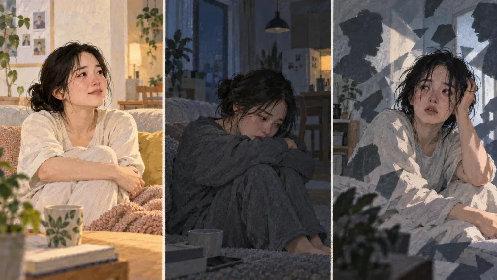 출산 후 감정 변화의 세 단계를 서로 다른 빛과 표정으로 그린 20대 한국인 여성의 삼면화