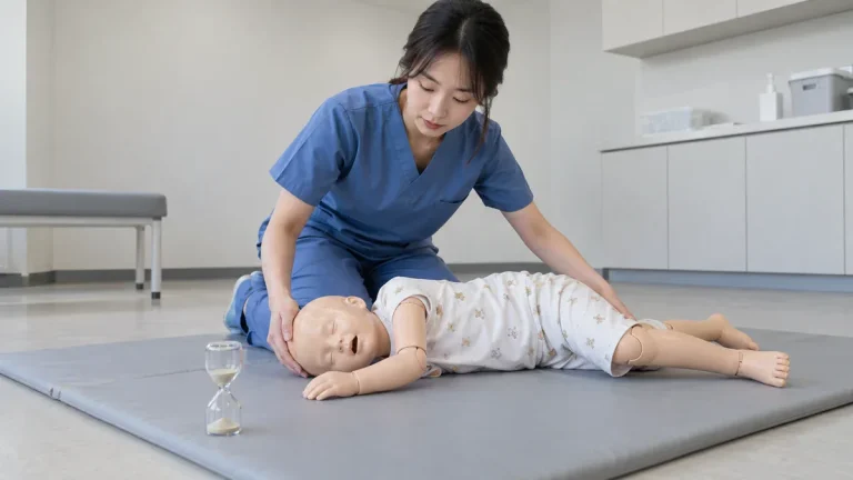 간호 실습실에서 20대 한국인 학생이 소아 모형을 옆으로 눕히고 타이머를 확인하는 응급 대처 장면