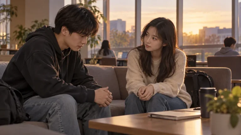 늦은 오후 방에서 힘들어하는 또래의 곁을 지키며 차분히 대화하는 20대 한국인 대학생 두 명