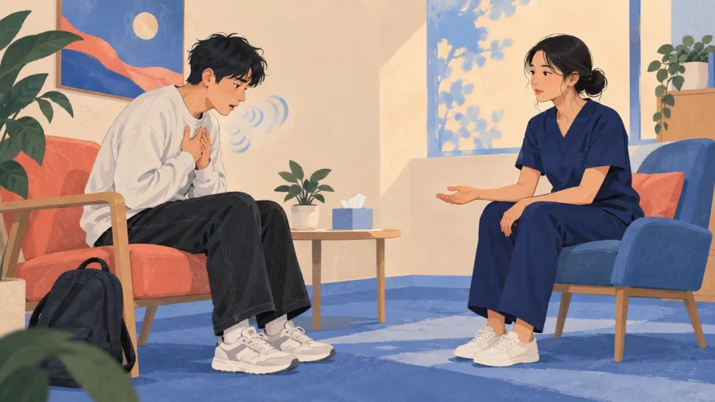 공황으로 웅크린 20대 동아시아인 옆에 조용히 앉아 짧게 안내하는 간호사를 그린 구아슈 그림