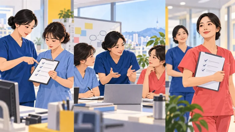 현대식 스크럽을 입은 20대 한국인 간호사들이 지시·협력·위임의 세 상황을 보여주는 일러스트