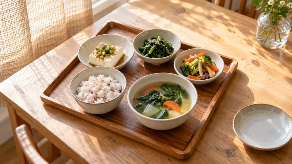 밝은 식사 공간에 놓인 소박한 한국식 식판과 별도 작은 접시