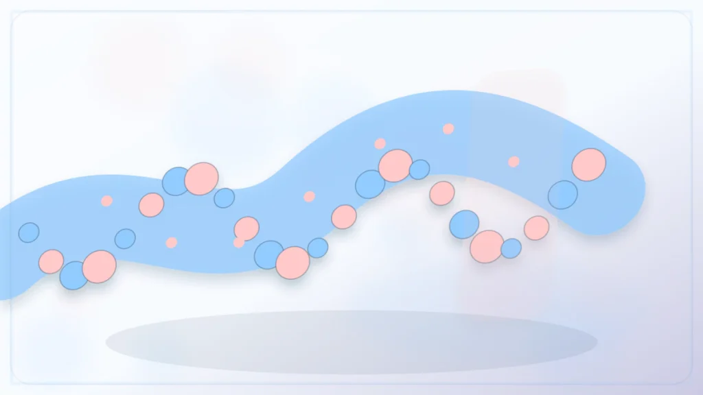 산전 선별검사 학습 개념을 표현한 서로 다른 혈구가 흐르는 미세 순환 장면, 구성 변형 3
