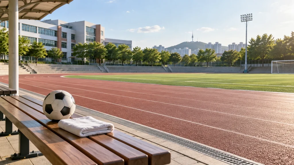 햇살 드는 빈 학교 운동장 벤치에 놓인 공과 접힌 수건