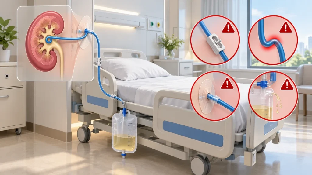 신장과 비뇨기 간호 · 경피적 신루관 관리의 판단 구조를 표현한 고유 clinical_space 대표 이미지