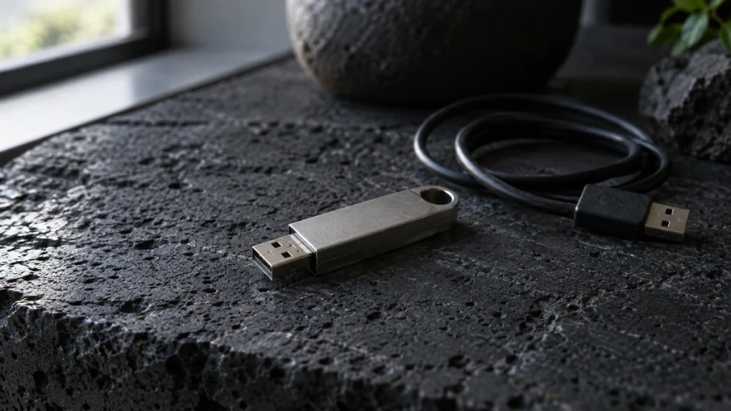 화산암 판 위 무상표 USB 메모리와 검정 케이블